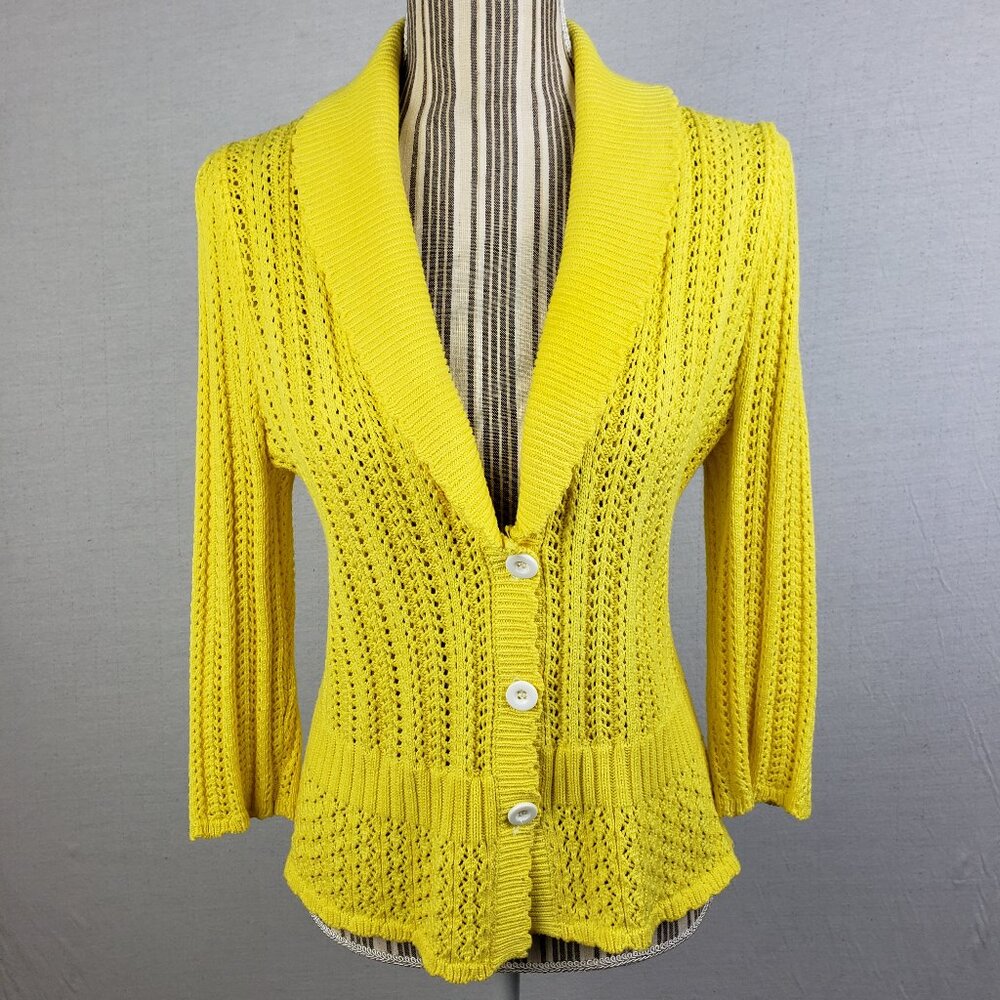 Kim Rogers Open Knit Cardigan Yellow Retro Pinup Vintage Boho size M